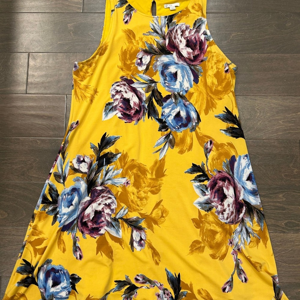 41 Hawthorn Mustard Yellow Floral Sleeveless Shift Mini Dress Womens Size L